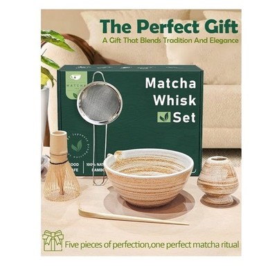 Matcha Whisk Set 5 Piece. 100% Natural Bamboo Whisk. Cream/Brown Color
