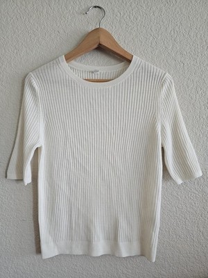 Uniqlo Extra Fine Merino Wool Ribbed HalfSleeve Sweater Cream White XL 100% Wool