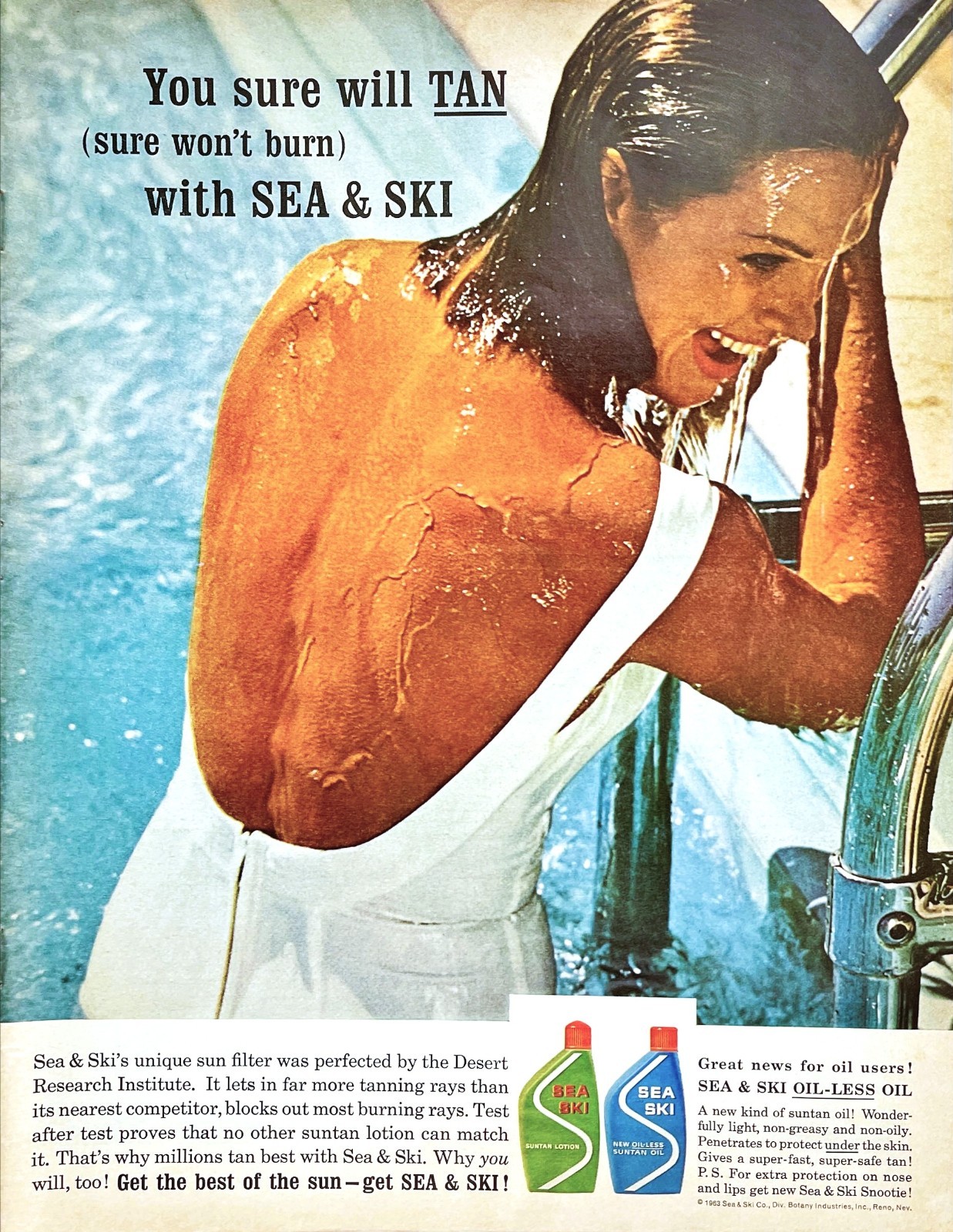 Sea & Ski Suntan Lotion Woman Poolside Desert Research 1963 Vintage Mag Print Ad