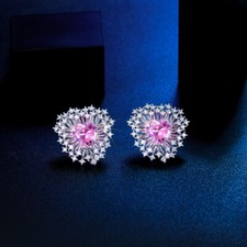Shining Pink Heart Cubic Zircon Silver Plated Stud Earrings Women Bridal Jewelry