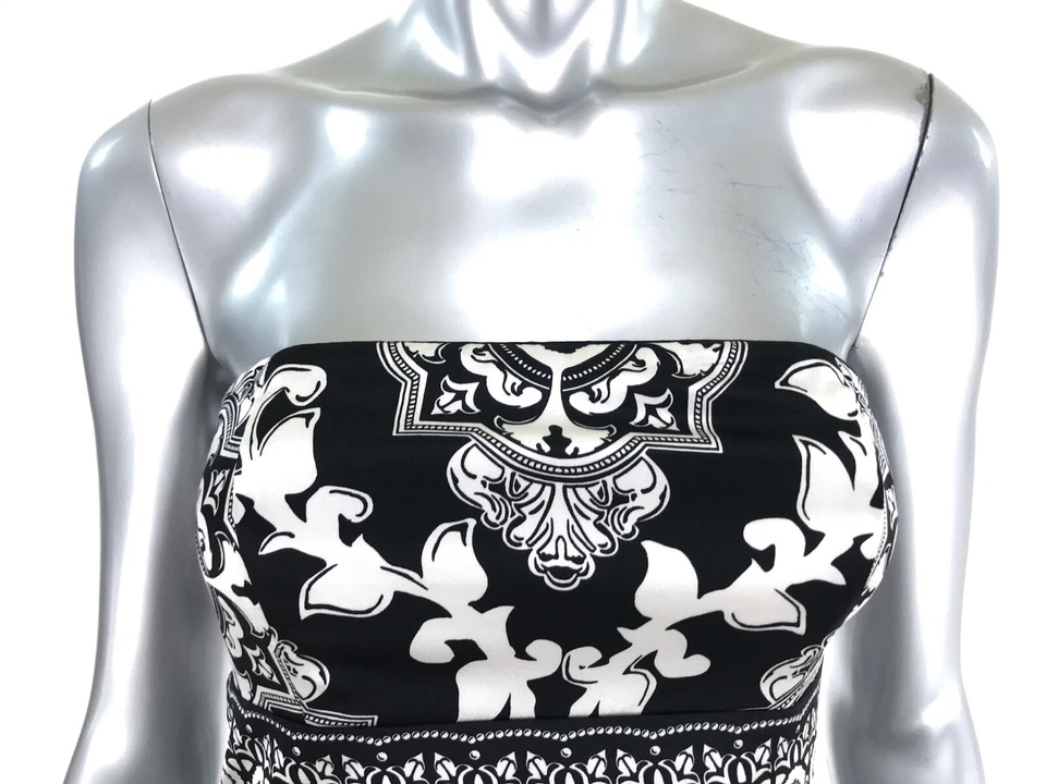 White House Black Market Dress Sz 0 Black White Geometric Strapless Silk Party - Image 2 of 4