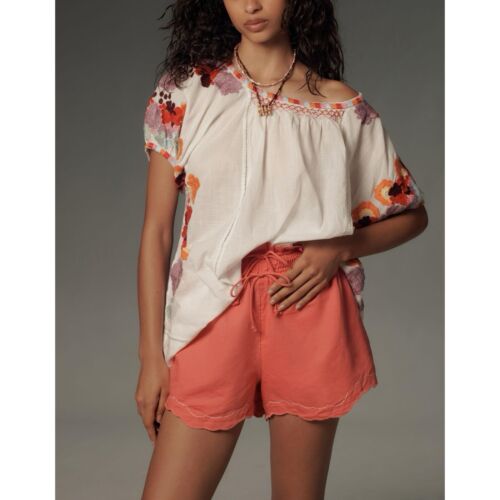 Anthropologie Linen Shorts Women's Medium M Coral Elastic Double Waistband NWT