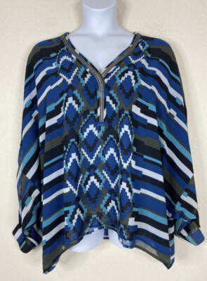 Lane Bryant Blouse Aztec Geometric Beaded Neckline Top 18/20