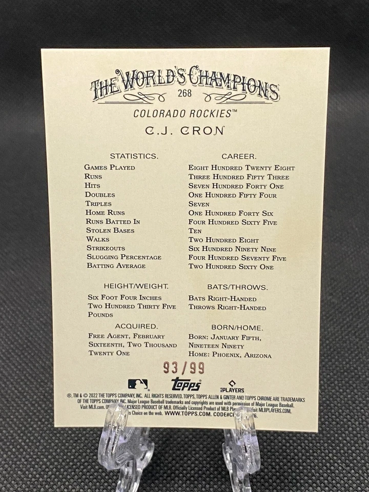 2022 Topps Chrome Allen & Ginter C.J. Cron Green Refractor #’d/99 Rockies - Image 2 of 2