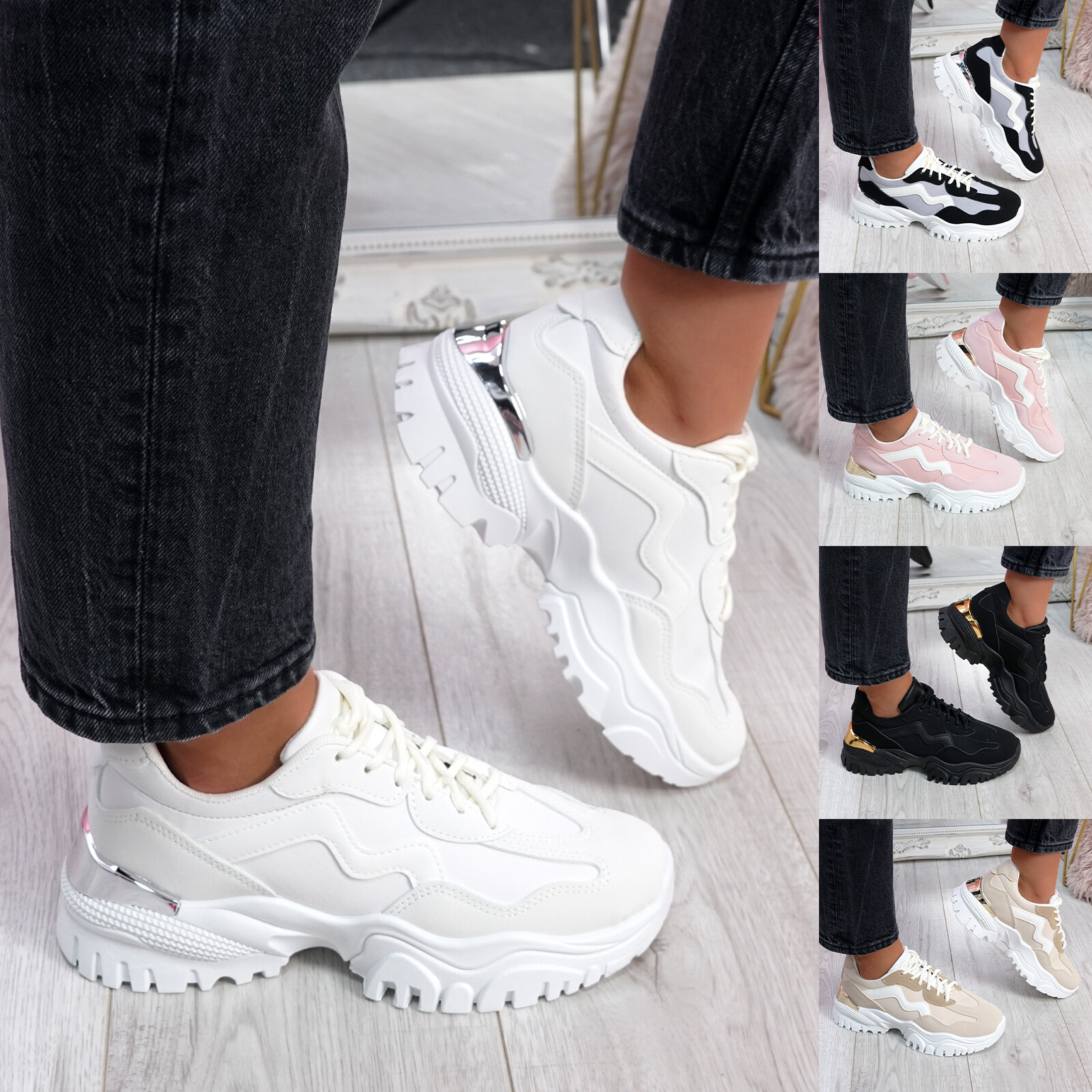 WOMENS CHUNKY TRAINERS LADIES LACE UP HEEL SPORT SNEAKERS FASHION WOMEN