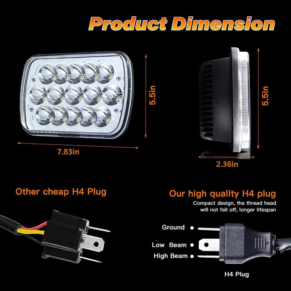 2PCS 7x6" Black LED Headlights Hi/Lo Sealed Beam For Nissan D21 Pickup 1986-1994 - Image 2 of 4