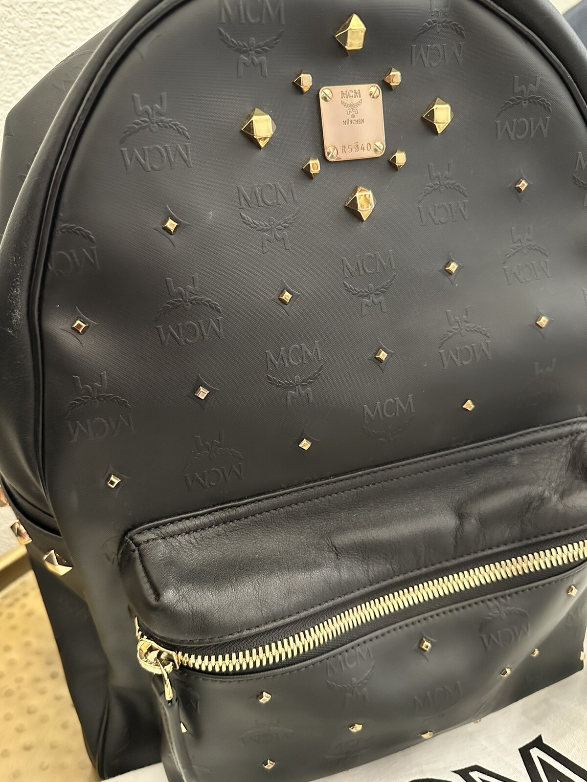 Authentic MCM Studs Leather and Canvas Backpack i… - image 2