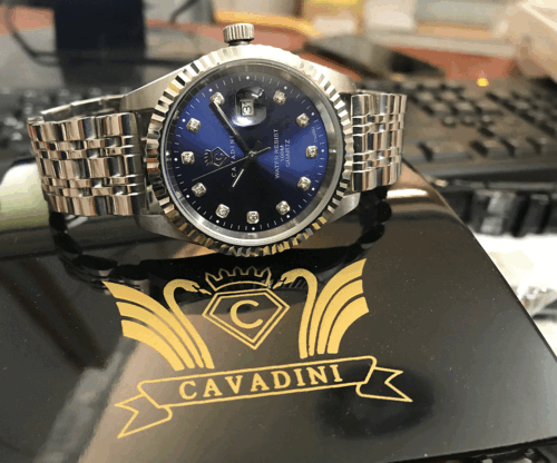 Cavadini Watch Leonardo Solid Stainless Steel Navy Blue Zirconia Schraubkrone - Picture 3 of 4