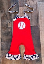 Red Knit Baseball Print 1 Piece Romper Girl Outfit