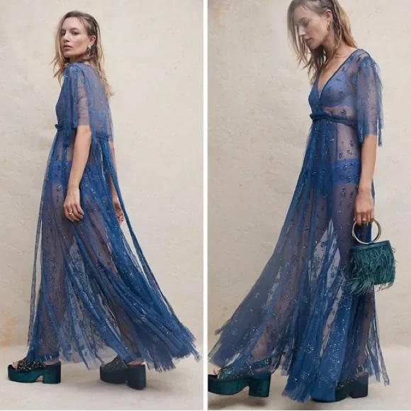 FREE PEOPLE Womens Blue Sascha Sequin Beaded Mesh Slip Maxi