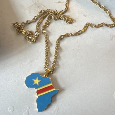 DRC Congo African Map Flag Pendant Necklace   Gold Tone twisted rope 