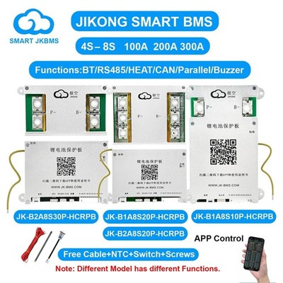 JK Smart BMS 4S-8S 100A 200A 300A F LiFePo4 Li-ion Lto BT 1A 2A W/RS485 Heat CAN