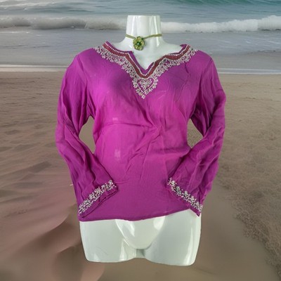 Y2K 100% Silk Beaded Sequined Long Sleeve Top Blouse Boho Chic pink Sz S