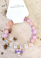 My Melody Bracelet Purple Enamel Glass Beaded Gold Tone Pink Clear Stretch