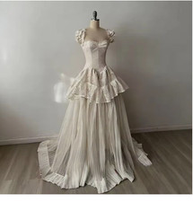 Vintage Ivory Wedding Dress Lace Ball Gown Princess Style Ruffled Peplum
