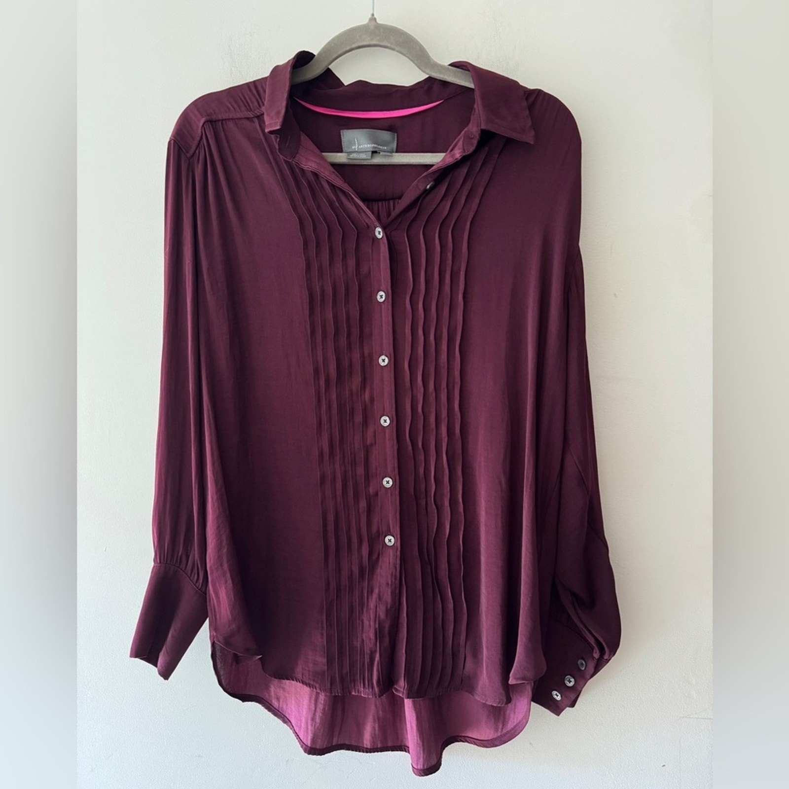 Anthropologie Burgundy Silky Soft Button Down Pintuck Shirt Blouse