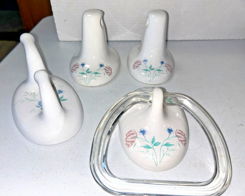 Vintage 4 Pc Ceramic White with Pink Floral Cottagecore Style Towel Holder, Hook