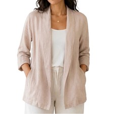 Tahari 100 Linen Open Front Blazer Size M Natural Beige 3/4 Sleeves Lagenlook