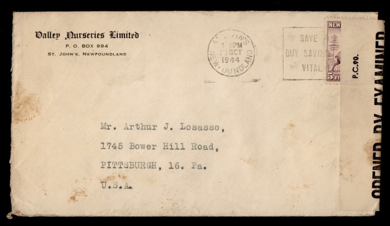 DR WHO 1944 NEWFOUNDLAND ST JOHNS TO USA WWII CENSOR R81990