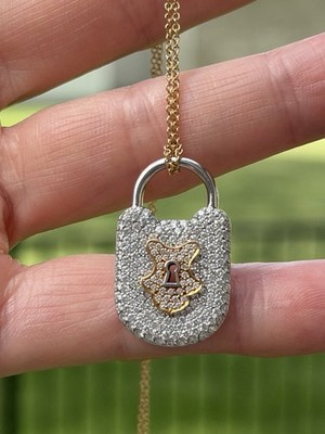 Tiffany & Co Platinum 18K Pave Diamond Padlock LARGE Pendant Necklace 18  Chain