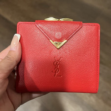Yves Saint Laurent Women  s Red Solid Logo Folding Wallet w/ Coin Pocket