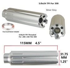 5/8x24 TPI for 308 4.5" Extra Long Linear Compensator Muzzle Brake, Silver Grey
