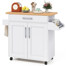 2-door White Cabinet Kitchen Island Cart w/ Storage Lockable Wheels