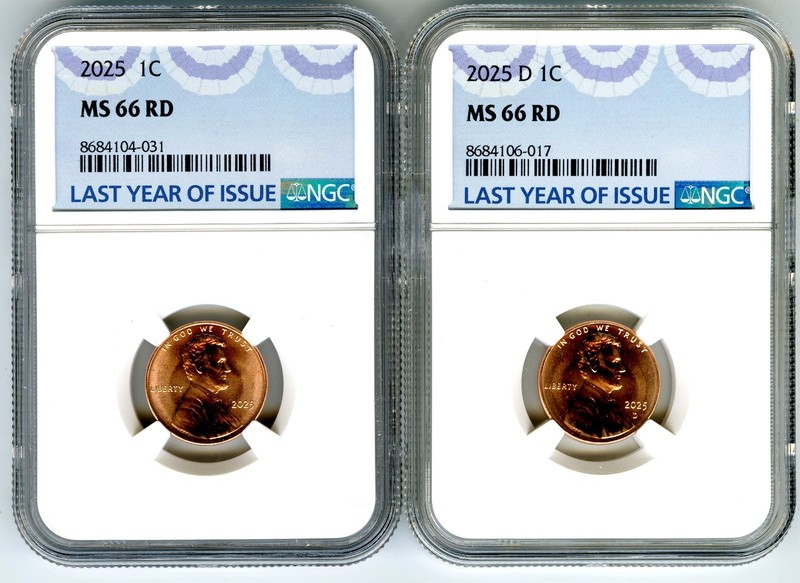 2025 P & D LINCOLN SHIELD CENT NGC MS66 2-COIN PENNY SET BUSINESS LAST YEAR BLUE