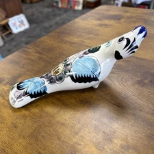 Vtg Tonala Mexican Folk Art Ceramic Bird with Floral And Signed White/blue