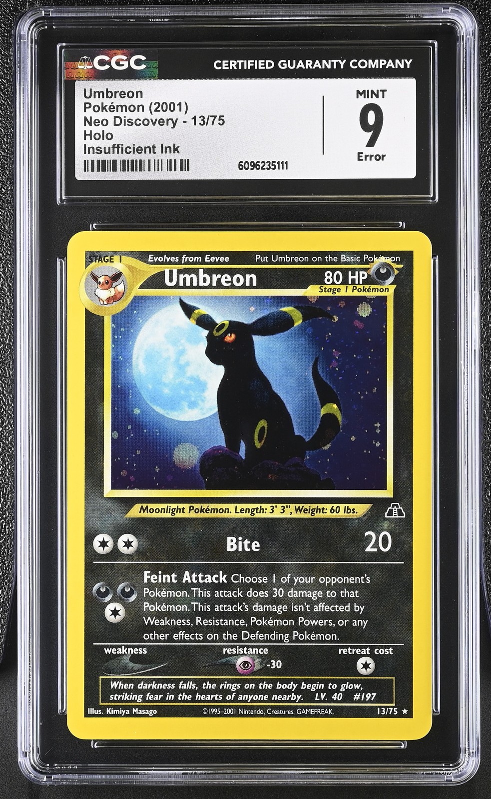 CGC 9 MINT Umbreon 2001 Neo Discovery 13/75 Holo ERROR Pokemon Card