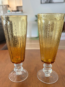 Pair Of Vintage Amber Bubble Glass Champagne Flutes Stem MCM Barware