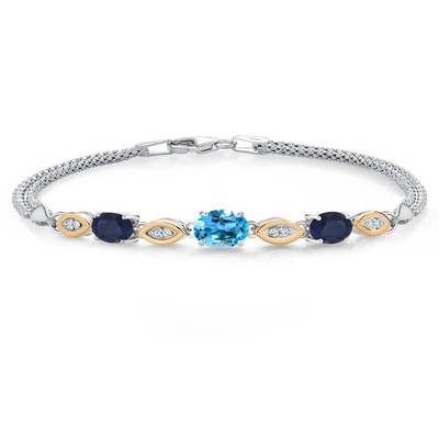 925 Silver and 10K Yellow Gold Swiss Blue Topaz and Sapphire and White Lab