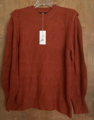 NWT Lillusory Women Ribbed Knit Sweater Crewneck Lantern Puff Sleeve Rust M