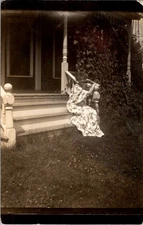 1890s Woman on Porch Leg o Mutton Sleeves Floral Dress Real Photo Postcard