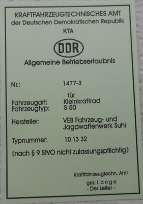 ABE Kleinkraftrad Simson S50  DDR Oldtimer