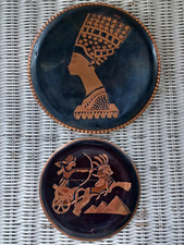 Set of 2 Vintage Egyptian Copper Black Decorative Plates Pharaoh Chariot 1960s