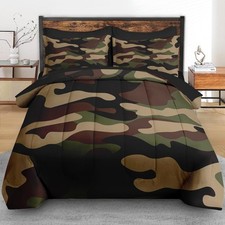 7Pcs Bedroom Comforter Set Queen Size, Green Army Camouflage Brown Camo Hunti...