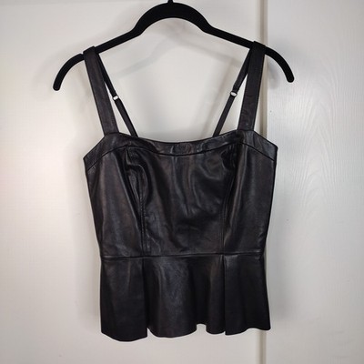 Bebe Genuine Leather Peplum Spaghetti Strap Biker Top Womens XS Black Soft