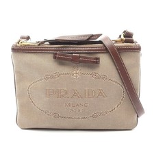 Prada Logo Jacquard Canvas Leather Shoulder Bag Women Beige One Size 665406