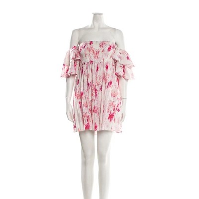 MISA Los Angeles Dina Dress XS Pink Abstract Rose Floral Smocked Ruffle Mini