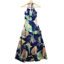 New Lulus Hours of Flowers Blue Multi Floral Lace-Up Tiered Midi Dress M