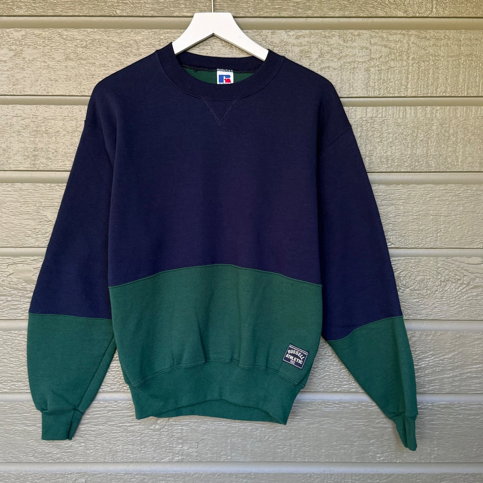 Vintage Russell Athletic Sweatshirt Blue Green Color Block Made in USA Mens Med