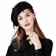 Black Women Wool Berets Hats With Veil Bowknot Church Derby Dress Pillbox Hat