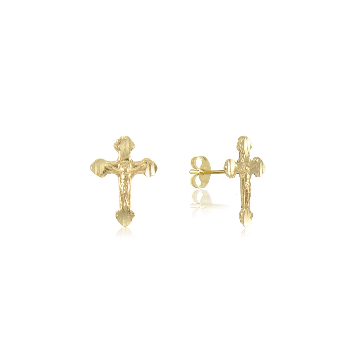14K Solid Yellow Gold Crucifix Cross Stud Earrings Jesus Christ