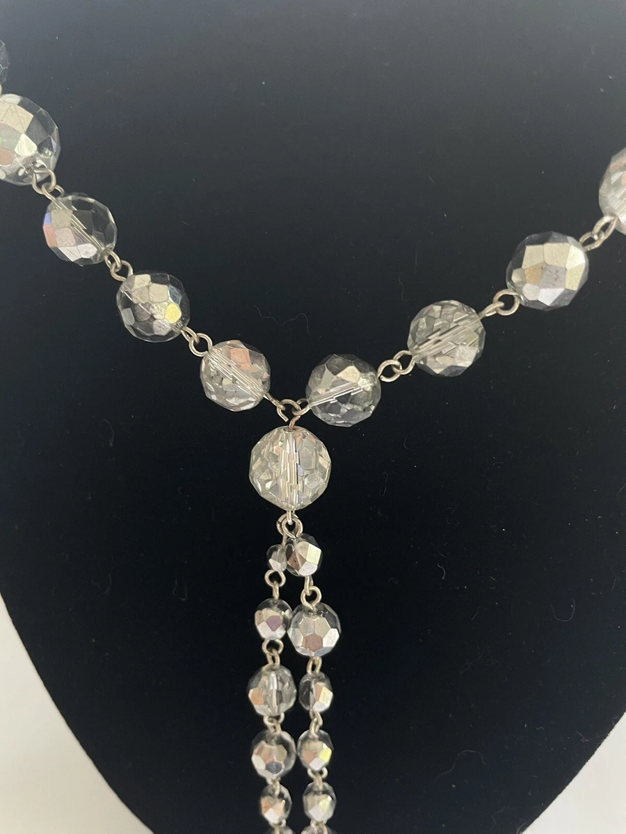 White House Black Market Glass Crystal Necklace Clear Bead Silver