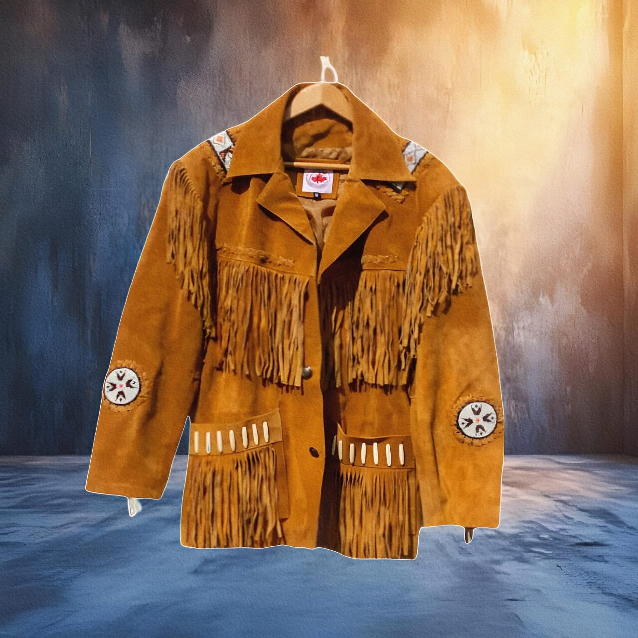 Chaqueta con flecos de cuero de gamuza de vaquero occidental con tubo de pelo...
