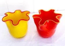Modern ART GLASS  Hand blown handkerchief vase bowl set Lot red yellow ruffle