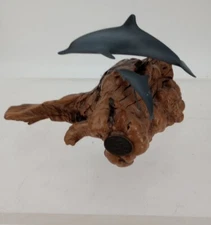 Vtg John Perry Studio Dolphin With Baby Sculpture on Drift Wood.