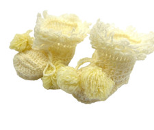 Vintage Crocheted Baby Bootie Socks Pale Yellow Pom Pom Tassel White Ribbon Gift