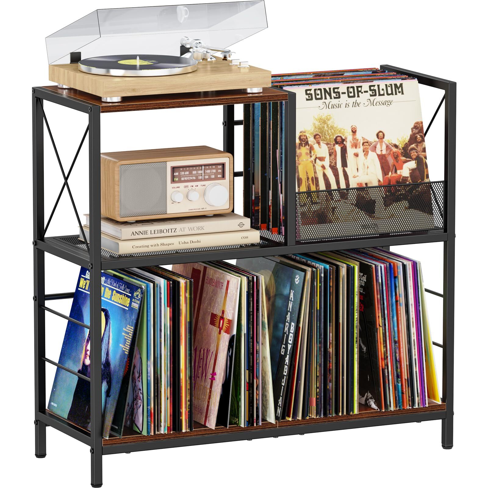 Vinyl Record Player Stand with Storage for 300 Records – Solid Wood Turntable Table-image